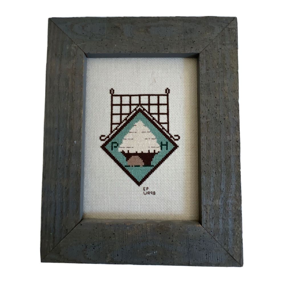 Vintage Completed Cross Stitch Peter Hay Sign Doctor Apothecary Williamsburg VA